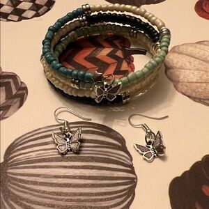 Hand Crafted Butterfly Charm Jewelry Set with Teal and Cream Beads